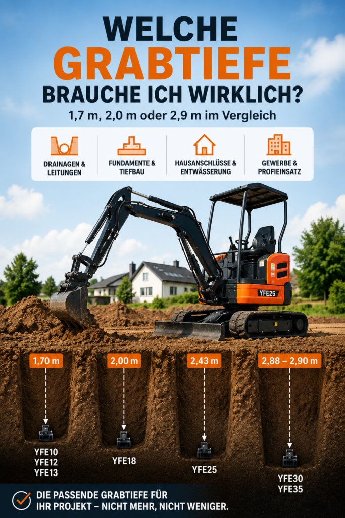 Welche Grabtiefe brauche ich? Vergleich von 1,7 m, 2,0 m und 2,9 m Grabtiefe bei Minibaggern.